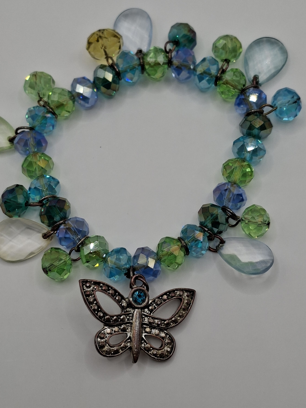 Butterfly Charm Beaded Bracelet - Green & Blue